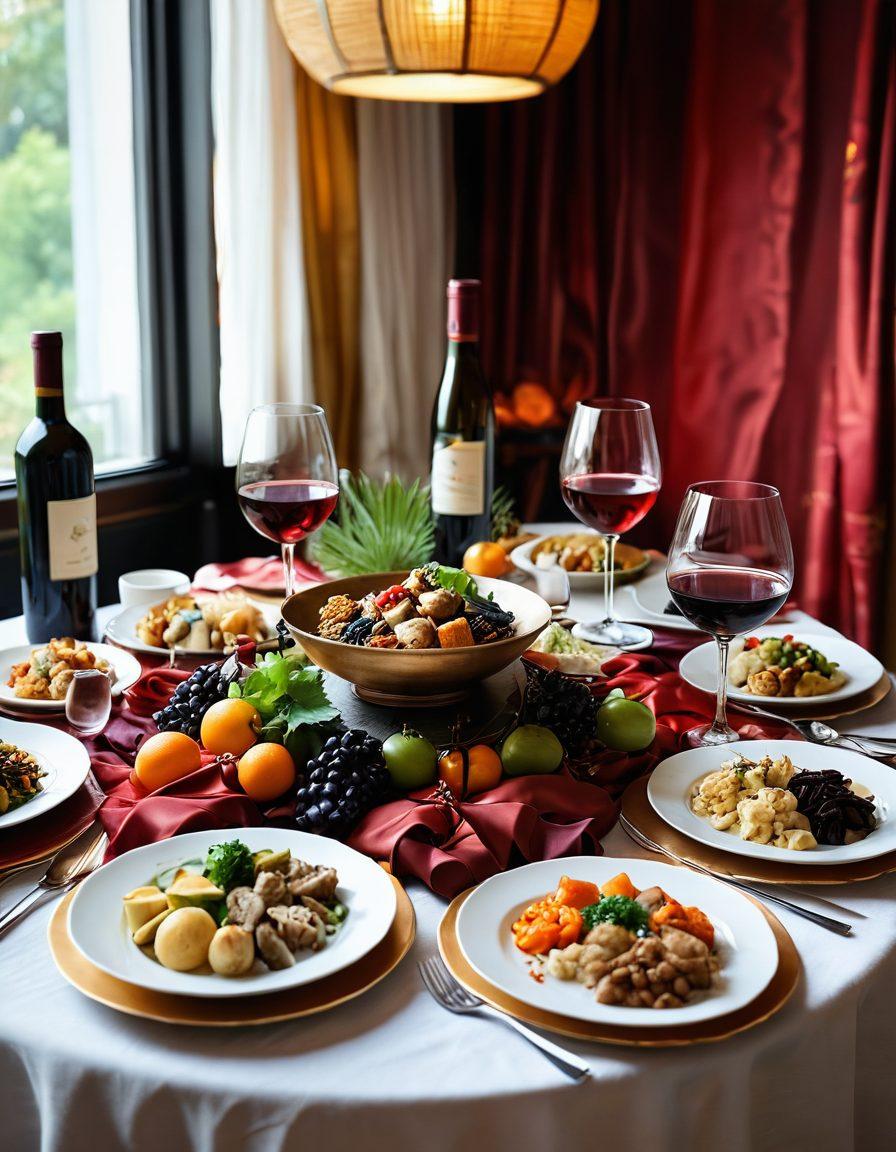 A beautifully arranged table showcasing a variety of colorful Asian dishes alongside elegant wine glasses filled with rich, red and white wines. The background features subtle hints of traditional Asian decor, like silk curtains and bamboo elements. A joyful gathering of diverse people sharing laughter and stories over their meal, symbolizing the fusion of cultures. The scene is bathed in warm, inviting lighting, emphasizing the richness of the food and wine. vibrant colors. 3D.
