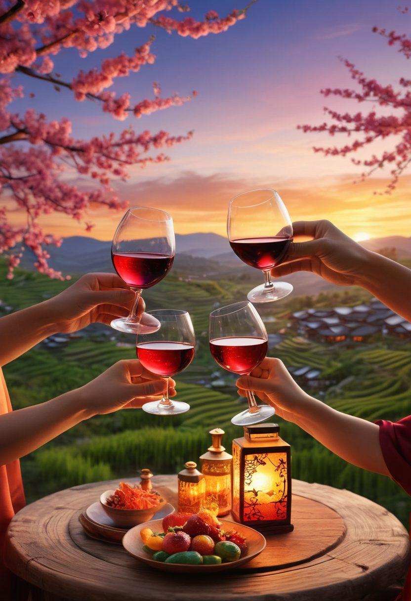 A vibrant scene featuring a diverse group of friends joyfully clinking wine glasses filled with rich, colorful Asian wines, surrounded by traditional Asian motifs like lanterns and cherry blossoms. The background showcases a beautiful sunset over rice terraces, symbolizing unity and celebration of Asian heritage. The atmosphere is warm and inviting with a festive ambiance. super-realistic. vibrant colors. 3D.