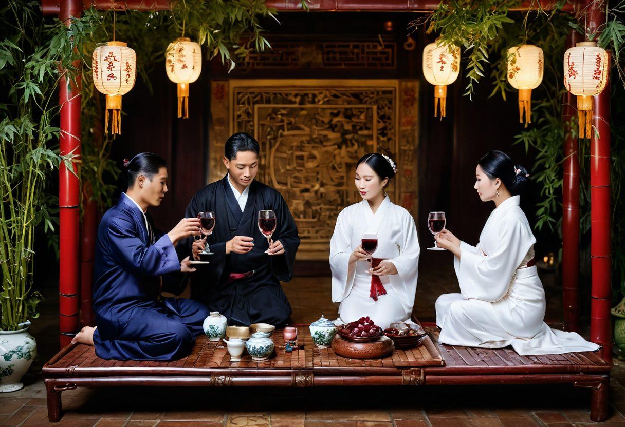 A lavish scene showcasing a traditional Asian wine ceremony, with elegantly dressed individuals sharing whispered secrets over intricate porcelain cups. Lush grapevines and bamboo decor provide a rich backdrop, while hints of ancient scripts and scrolls hover mysteriously in the air. Soft warm lighting bathes the setting, enhancing the intimate and scandalous atmosphere. super-realistic. vibrant colors. elegant details.